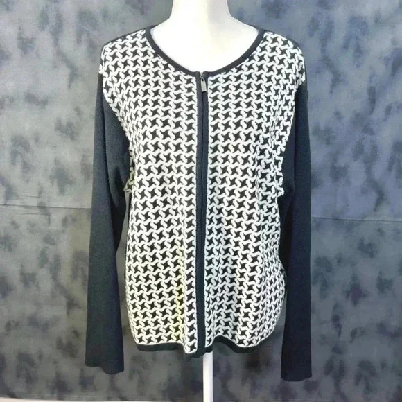 Vintage Norton McNaughton Black and White Houndstooth Zip Up Sweater Size XL - Picture 1 of 6